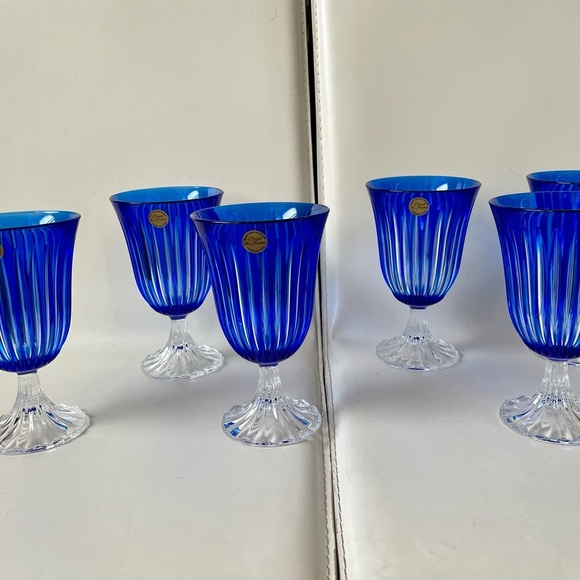 Vintage Crystal De France Blue Genuine Glasses Wine Goblets Of 6 - Picture 1 of 12